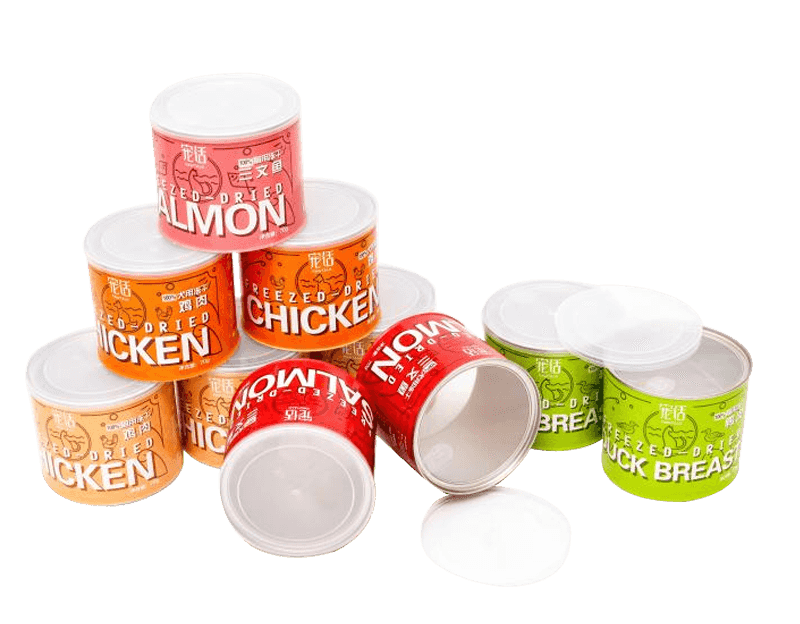 Caja de hojalata para mascotas con tapa para envasado de alimentos transparente impresa personalizada